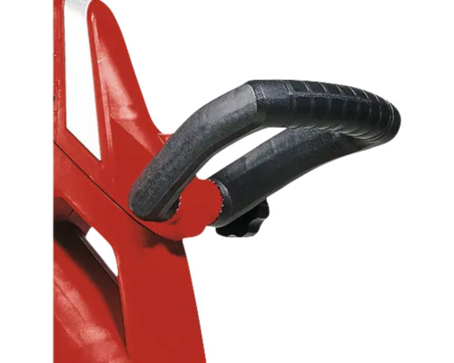 Detailansicht eines roten Baugeräts mit schwarzem Griff