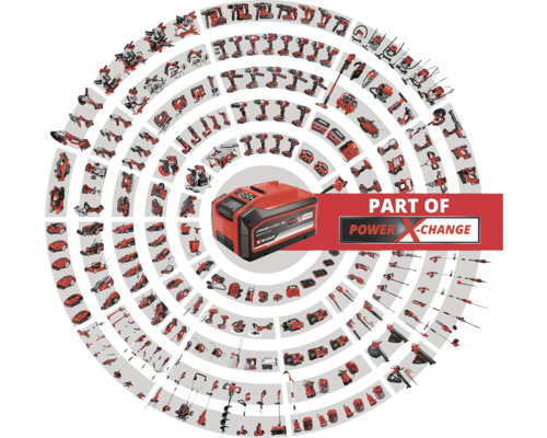 Ein Einhell Power X-Change Akku im Zentrum, umgeben von einer Vielzahl von Einhell Werkzeugen