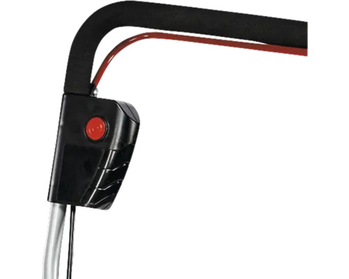 Detailansicht eines Rasenmähers mit Griff, Bedienelementen und Kabel