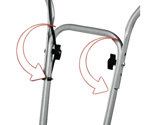 Detailansicht eines klappbaren Transportwagens mit Hinweispfeilen zur Bedienung.