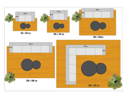 Différentes tailles de tapis d''extérieur avec meubles et plantes
