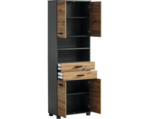 Buffet haut avec étagères, tiroirs et portes en décor bois