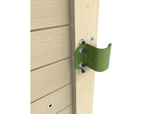 Vue détaillée d''un support d''outils en métal vert fixé sur une clôture en bois