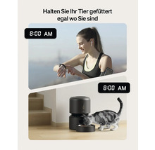 Automatische Futterstation mit Katze und Frau beim Joggen