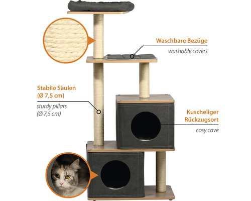 Katzenkratzbaum mit mehreren Ebenen, Säulen und zwei Katzenhäusern