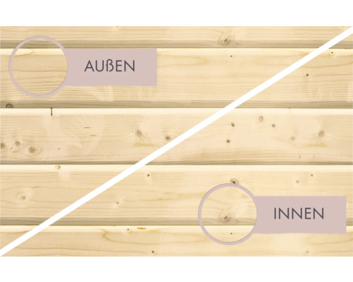 Holzfassade mit Kennzeichnung für Innen- und Außenbereich