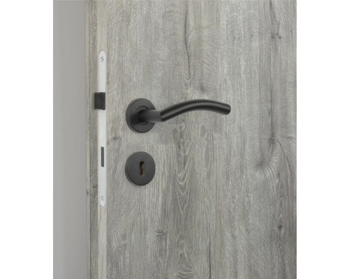 Graue Holztür mit schwarzer Türklinke und Schloss