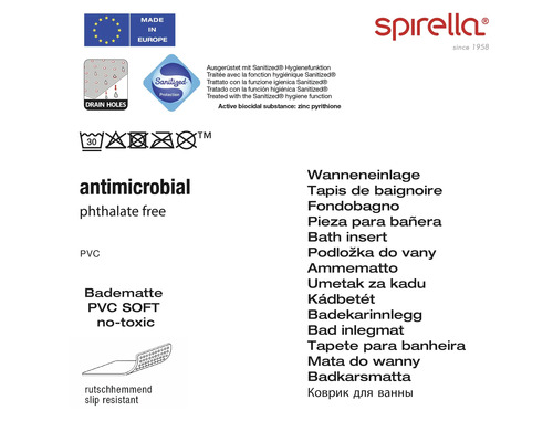 Informations sur un tapis de bain: fabriqué en Europe, trous de drainage, protection Sanitized, lavable à 30 degrés, antimicrobien, sans phtalate, PVC, antidérapant, logo Spirella