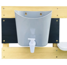 Distributeur d''eau gris avec robinet sur un cadre en bois