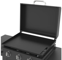 Plancha ouverte avec couvercle et éléments de commande.