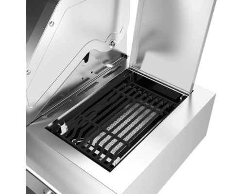 Vue détaillée d''un gril en acier inoxydable avec couvercle ouvert et grille