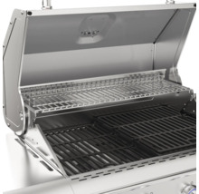 Barbecue en acier inoxydable avec couvercle ouvert et grilles