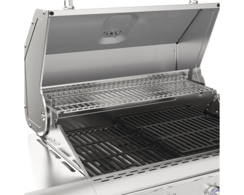 Barbecue en acier inoxydable avec couvercle ouvert et grilles