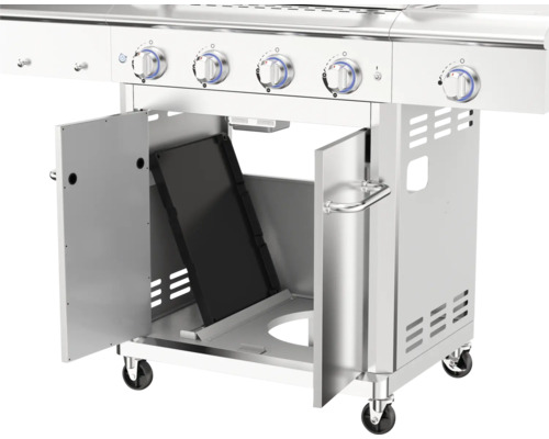 Gril en acier inoxydable avec portes ouvertes et roulettes