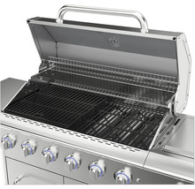Grill mit offenem Deckel, Grillrost und Bedienknöpfen.