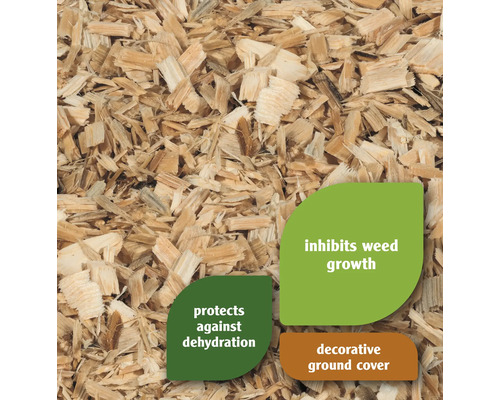 Gros plan de copeaux de bois utilisés comme couvre-sol décoratif, qui inhibent la croissance des mauvaises herbes et protègent contre la déshydratation.