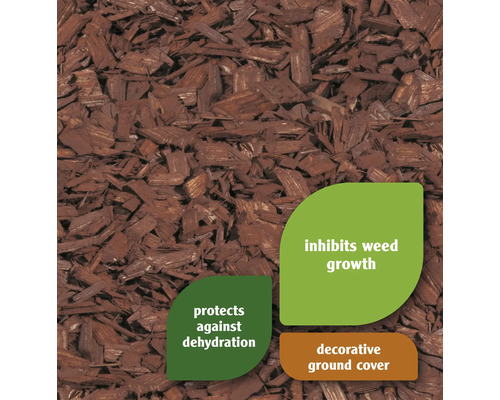 Couvre-sol décoratif en copeaux de bois, qui inhibe la croissance des mauvaises herbes et protège contre le dessèchement.