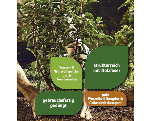 Pflanzenerde mit Wasserspeicher, Nährstoffen, Holzfaser und Grünkompost für gute Wurzelbelüftung