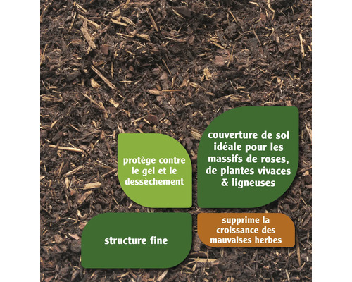 Gros plan sur le paillis de sol avec des indications sur la protection contre le gel, le paillis idéal, la structure fine et la suppression de la croissance des mauvaises herbes