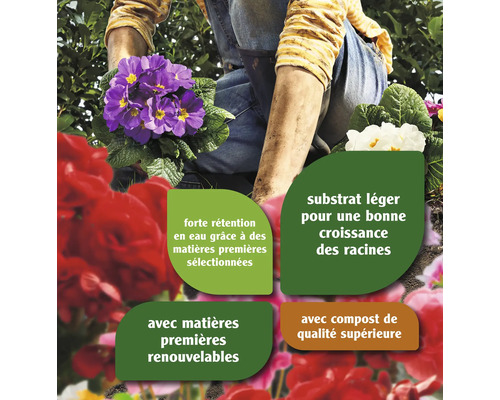 Personne plantant une primevère dans du terreau avec des indications sur la rétention d''eau, un substrat léger, des matières premières renouvelables et un compost de qualité supérieure.
