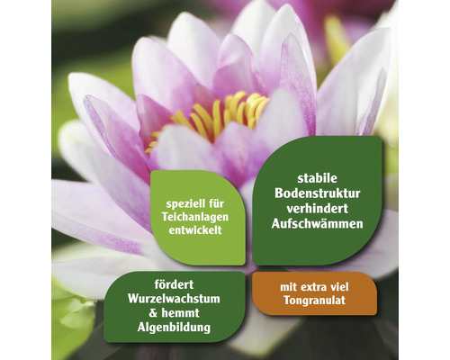 Produktvorteile: Speziell für Teichanlagen entwickelt, stabile Bodenstruktur verhindert Aufschwämmen, fördert Wurzelwachstum, hemmt Algenbildung, mit extra viel Tongranulat.