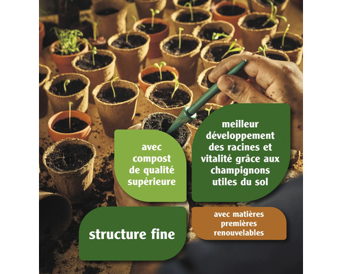 Pots de culture avec semis et informations sur le compost et les matières premières.
