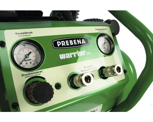 Vue détaillée du compresseur Prebena Warrior 435 avec manomètre et sortie d''air comprimé