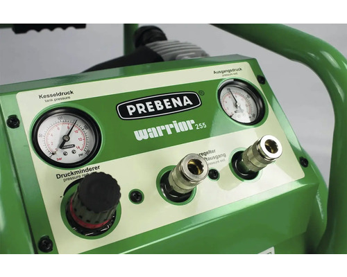 Vue détaillée Compresseur Prebena Warrior 255 avec manomètre et détendeur