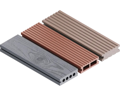 Drei Terrassendielen aus WPC in verschiedenen Farben