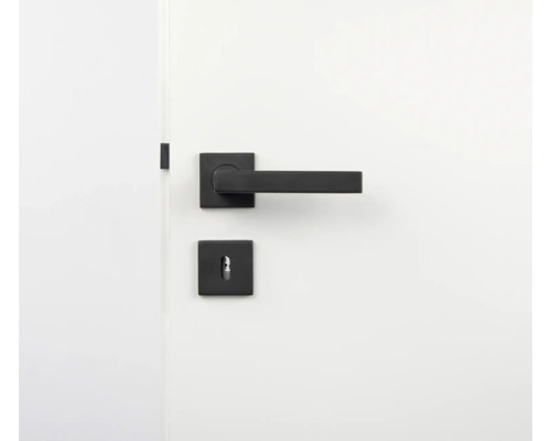 Schwarze Innentürbeschläge auf einer weißen Tür.