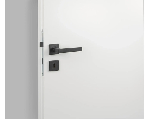Weisse Tür mit schwarzem Türdrücker und Schloss