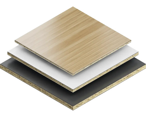 Dekorspanplatten Stapel mit Holz-, Weiss- und Dekor