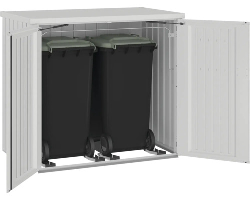 Mülltonnenbox aus Metall mit zwei Mülltonnen