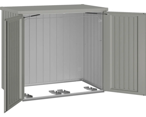 Geöffnete Gerätebox aus Metall zur Aufbewahrung im Aussenbereich