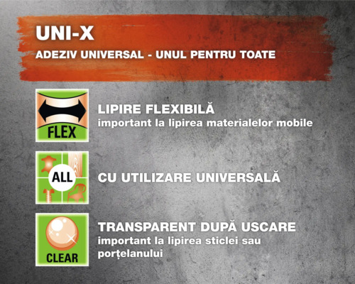 Caractéristiques de la colle universelle UNI-X : joint flexible, utilisation universelle, transparent après séchage