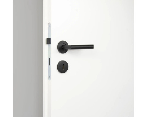 Weisse Tür mit schwarzer Türklinke und Schloss