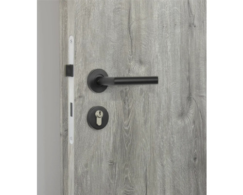 Türbeschlag mit Drückergarnitur und Schloss auf einer Holztür