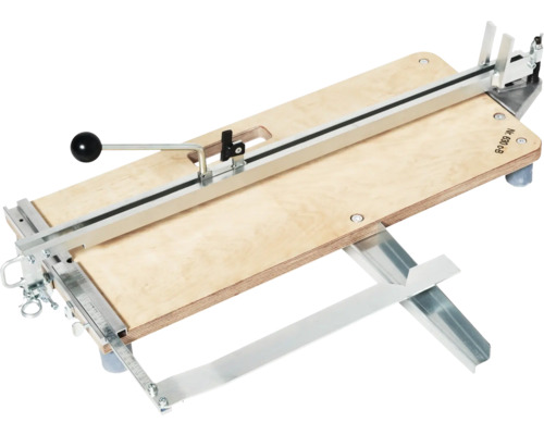 Coupe-carrelage avec plaque en bois et guide métallique