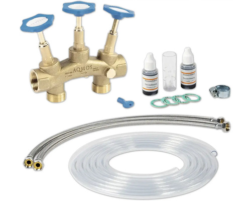 Kit d''accessoires pour adoucisseur d''eau AQMOS avec instruments de mesure, raccords de connexion et tuyaux