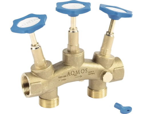 Distributeur de circuit de chauffage AQUAMOS en laiton avec trois vannes bleues