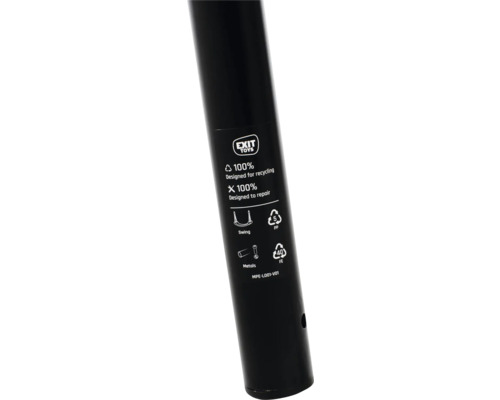 Detailansicht eines schwarzen Schaukelrahmens mit Recycling- und Reparaturhinweisen sowie dem Exit Toys Logo