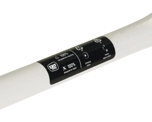 Detailaufnahme eines Etiketts mit Informationen zur Recyclingfähigkeit und Reparaturfähigkeit eines EXIT Toys Produkts.