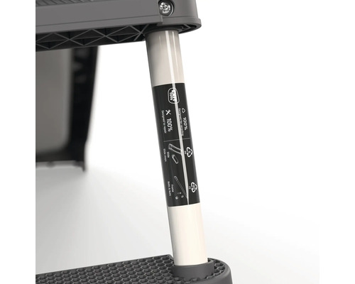 Detailansicht einer Trittstufe mit Hinweisen zur Reparatur und zum Recycling