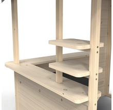 Vue détaillée d''une cabane de jeu avec comptoir et étagères en bois