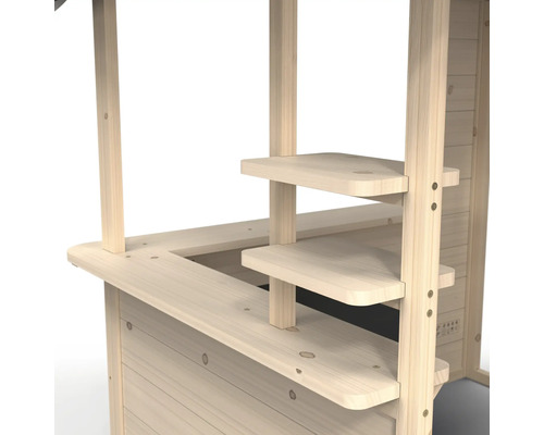Vue détaillée d''une cabane de jeu avec comptoir et étagères en bois