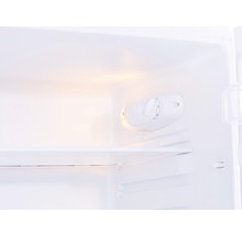 Innenraum eines Kühlschranks mit Temperaturregler und Regalböden