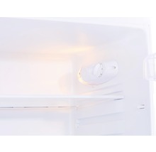 Innenraum eines Kühlschranks mit Temperaturregler und Regalen