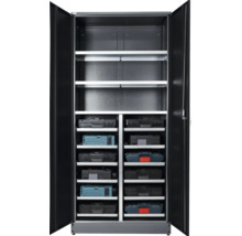 Armoire à outils ouverte avec étagères et coffres à outils