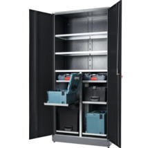 Armoire à outils ouverte avec étagères et boîtes à outils