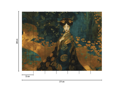 Papier peint photo représentant une femme dans le style japonais traditionnel, dimensions 371 x 280 cm